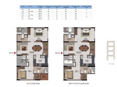 Casagrand First City 2 BHK Floor Plan (Unit No M101 to R1602)
