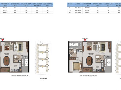 Casagrand First City 2 BHK Floor Plan (Unit No T603 to V1604)