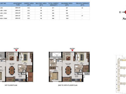 Casagrand First City 2 BHK Floor Plan (Unit No J105 to K1604)