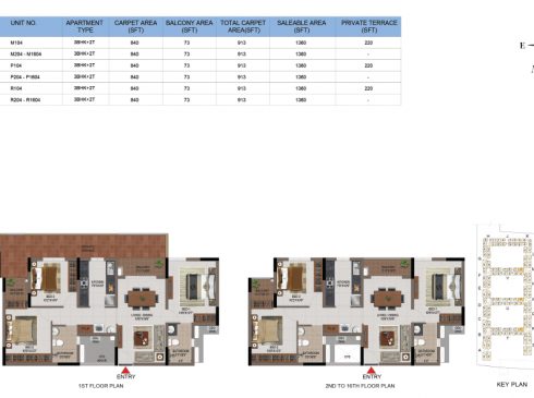 Casagrand First City 3 BHK Floor Plan (Unit No M104 to R1604)