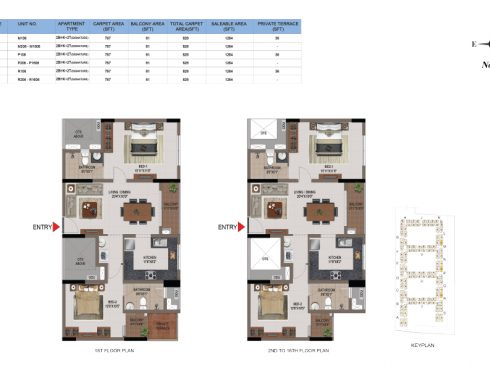 Casagrand First City 2 BHK Floor Plan (Unit No M105 to R1605)