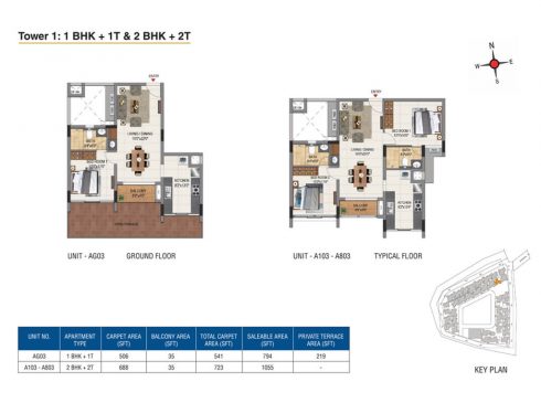 Casagrand Aquene Tower 1: 1 & 2 BHK + 1 & 2T Ground & Typical Floor Plans - Unit No.AG03, A103, A803