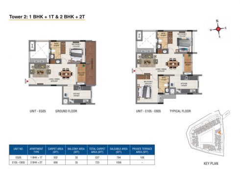 Casagrand Aquene Tower 2: 1 & 2 BHK + 1 & 2T Ground & Typical Floor Plans - Unit No.EG05, E105, E805