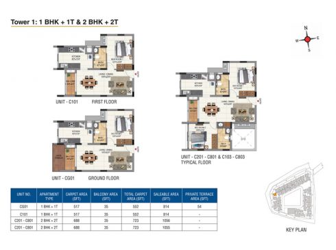Casagrand Aquene Tower 1: 1 & 2 BHK + 1 & 2T Ground & Typical Floor Plans - Unit No.CG01, C803