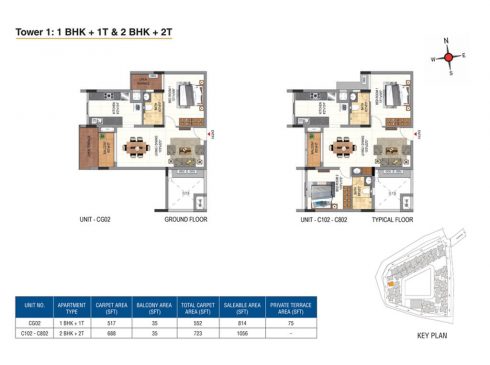 Casagrand Aquene Tower 1: 1 & 2 BHK + 1 & 2T Ground & Typical Floor Plans - Unit No.CG02, C102, C802