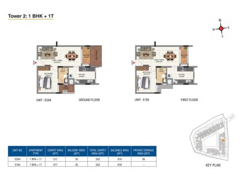 Casagrand Aquene Tower 2: 2 BHK + 2T Ground & Typical Floor Plans - Unit No.EG04, E104, E804