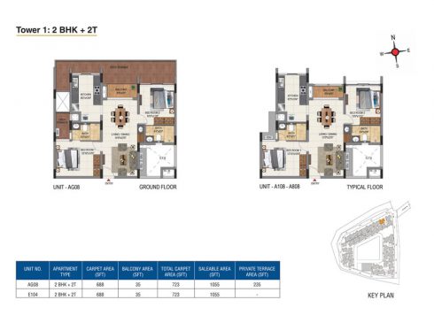 Casagrand Aquene Tower 1: 2 BHK + 2T Ground & Typical Floor Plans - Unit No.AG06, A106, A806