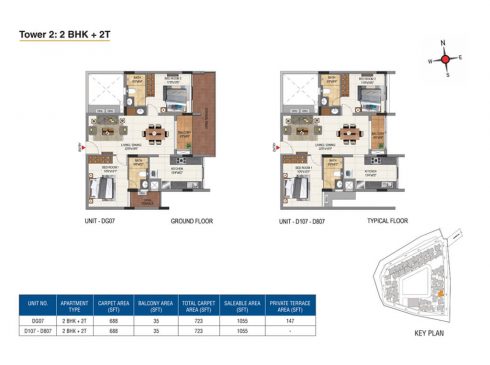 Casagrand Aquene Tower 2: 2 BHK + 2T Ground & Typical Floor Plans - Unit No.DG07, D107, D807