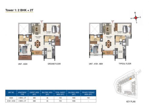 Casagrand Aquene Tower 1: 2 BHK + 2T Ground & Typical Floor Plans - Unit No.AG04, A104, A804