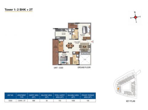 Casagrand Aquene Tower 1: 2 BHK + 2T Ground Floor Plan