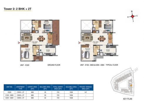 Casagrand Aquene Tower 2: 2 BHK + 2T Ground & Typical Floor Plans - Unit No.EG03, E103, E804