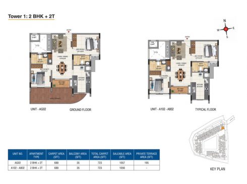 Casagrand Aquene Tower 1: 2 BHK + 2T Ground & Typical Floor Plans - Unit No.AG02, A102, A802
