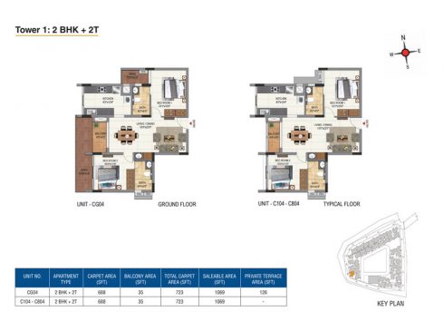 Casagrand Aquene Tower 1: 2 BHK + 2T Ground & Typical Floor Plans - Unit No.CG04, C104, C804