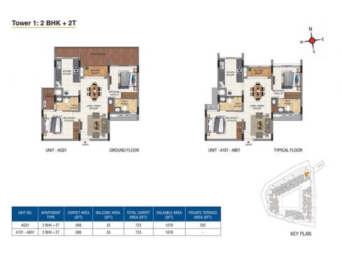 Casagrand Aquene Tower 1: 2 BHK + 2T Ground & Typical Floor Plans - Unit No.AG01, A101, A807