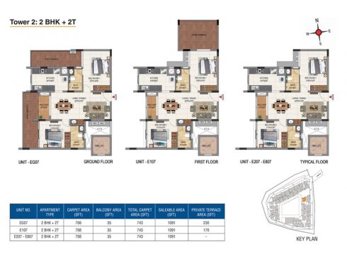 Casagrand Aquene Tower 2: 2 BHK + 2T Ground & Typical Floor Plans - Unit No.EG07, E107, E207, E807