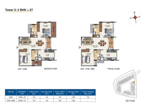 Casagrand Aquene Tower 1: 2 BHK + 2T Ground & Typical Floor Plans - Unit No.EG03, E106, E806