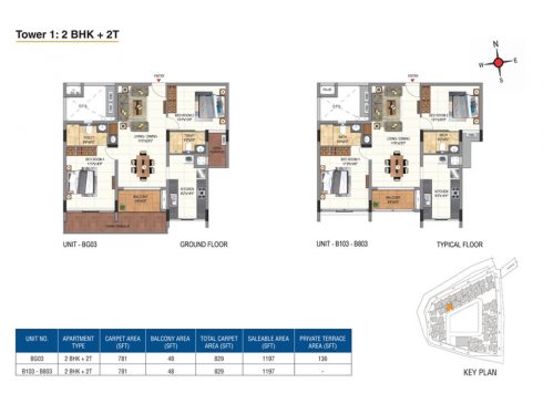 Casagrand Aquene Tower 1: 2 BHK + 2T Ground & Typical Floor Plans - Unit No.BG03, B103, B803