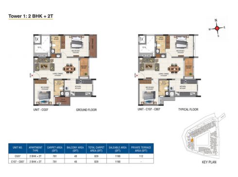 Casagrand Aquene Tower 1: 2 BHK + 2T Ground & Typical Floor Plans - Unit No.CG07, C107, C807