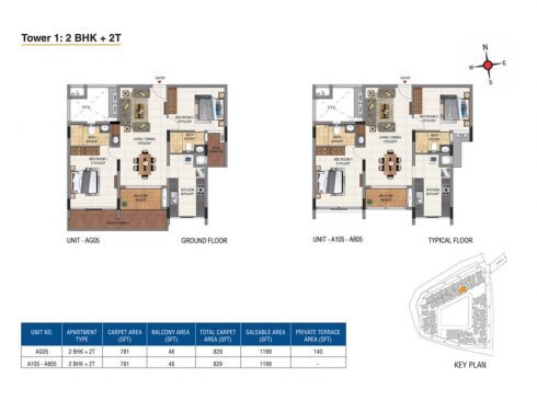 Casagrand Aquene Tower 1: 2 BHK + 2T Ground & Typical Floor Plans - Unit No.AG06, A105, A805