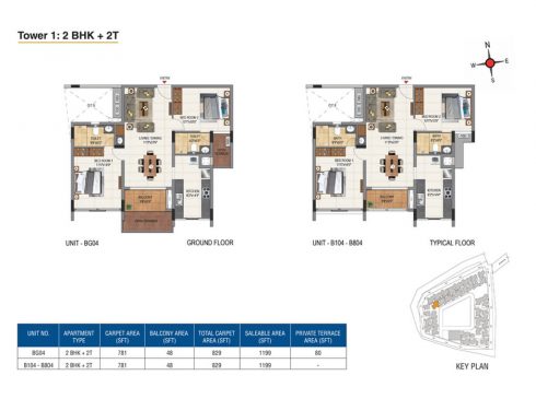 Casagrand Aquene Tower 1: 2 BHK + 2T Ground & Typical Floor Plans - Unit No.BG04, B104, B804