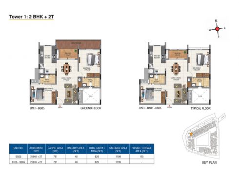 Casagrand Aquene Tower 1: 2 BHK + 2T Ground & Typical Floor Plans