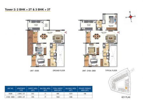 Casagrand Aquene 3 BHK Ground & Typical Floor Plans - Unit No.D108-D808