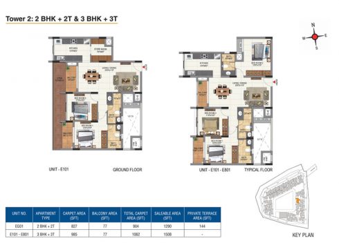 Casagrand Aquene 3 BHK Ground & Typical Floor Plans - Unit No.E101-E801