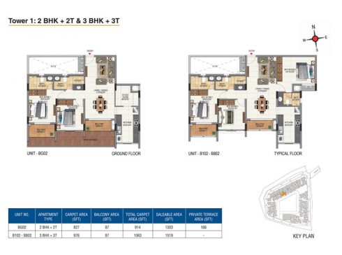 Casagrand Aquene 3 BHK Ground & Typical Floor Plans - Unit No.BG02-B102