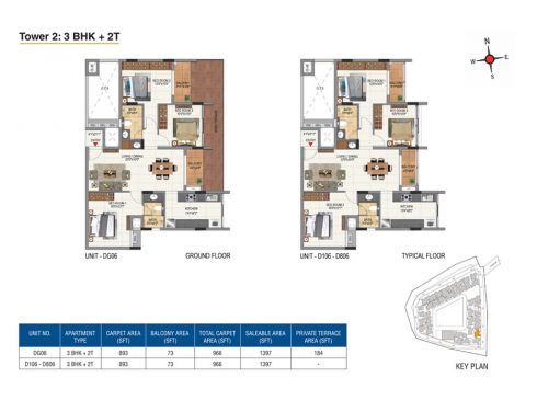 Casagrand Aquene 3 BHK Ground & Typical Floor Plans - Unit No.DG06-D106