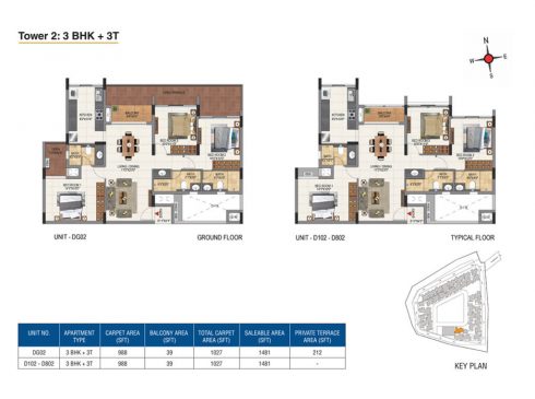 Casagrand Aquene 3 BHK Ground & Typical Floor Plans - Unit No. DG02 - D102