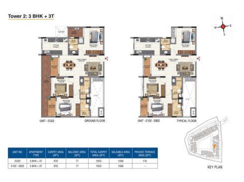 Casagrand Aquene 3 BHK Ground & Typical Floor Plans - Unit No. EG03 - E100