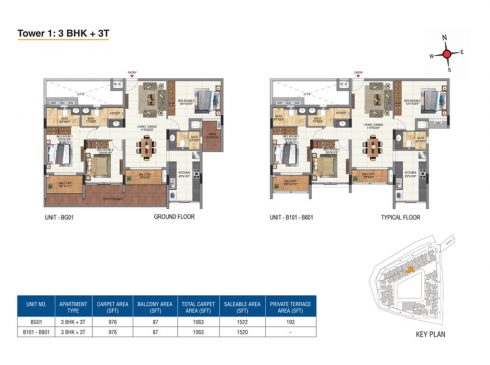 Casagrand Aquene 3 BHK Ground & Typical Floor Plans - Unit No. BG01 - B101