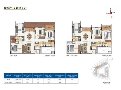 Casagrand Aquene 3 BHK Ground & Typical Floor Plans - Unit No. BG06 - B106