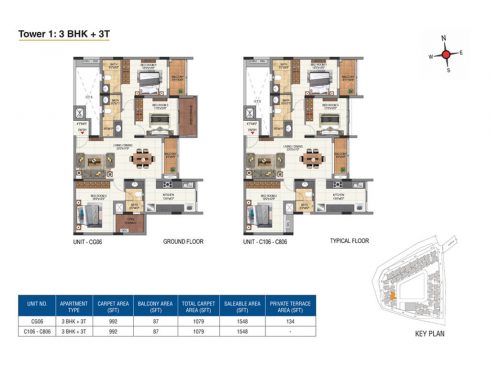 Casagrand Aquene 3 BHK Ground & Typical Floor Plans - Unit No. CG06 - C106