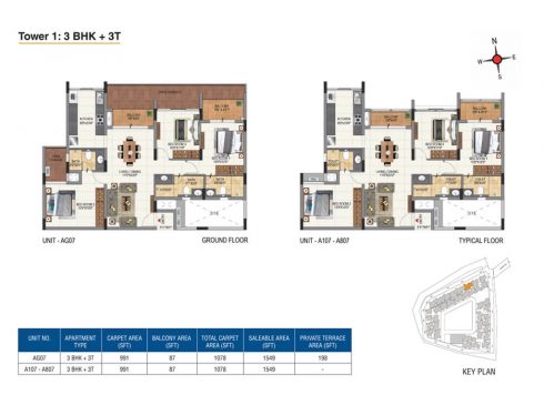 Casagrand Aquene 3 BHK Ground & Typical Floor Plans - Unit No. AG07 - A107