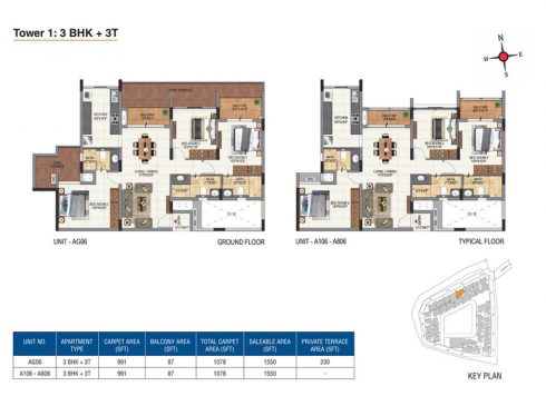 Casagrand Aquene 3 BHK Ground & Typical Floor Plans - Unit No. AG06 - A106
