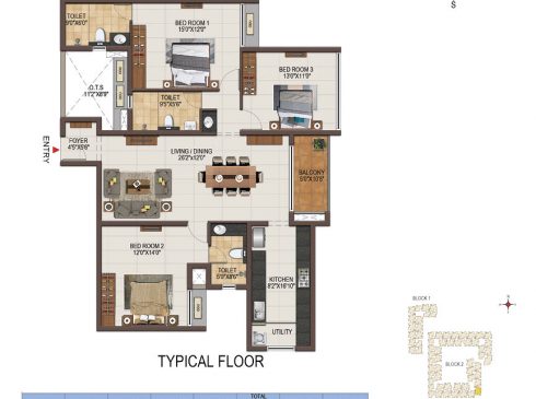 Casagrand Majestica - 3 bhk Unit no. D105-505 Typical Floor Plan