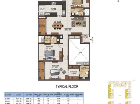 Casagrand Majestica - 3 bhk Unit no. A105-405 Typical Floor Plan