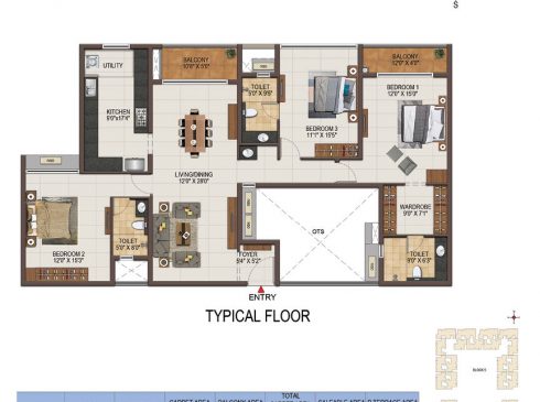 Casagrand Majestica - 3 bhk Unit no. A101-401, A102-402 Typical Floor Plan
