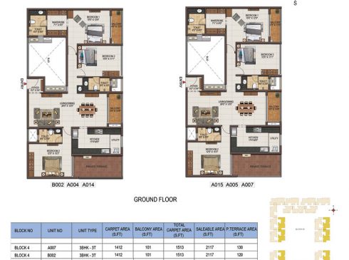 Casagrand Majestica - 3 bhk Unit no. B002, A004, A014, A007 Ground Floor Plan