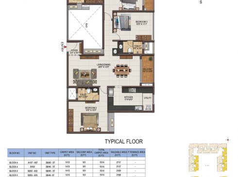 Casagrand Majestica - 3 bhk Unit no. A107-407 Typical Floor Plan