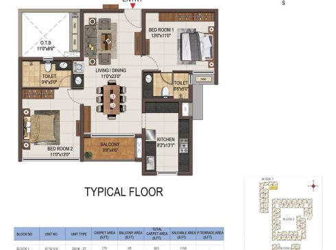 Casagrand Majestica - 2 bhk Unit no. A116-516 typical floor plan