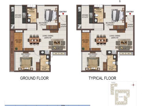 Casagrand Majestica - 2 bhk Unit No. B012, B112-412 Ground and Typical Floor Plan