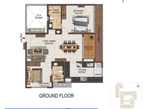 Casagrand Majestica - 2 bhk Unit no. A005 Ground Floor Plan