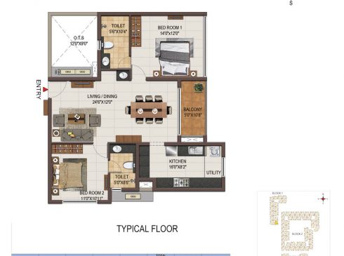 Casagrand Majestica - 2 bhk Unit no. A105-505 Typical Floor Plan