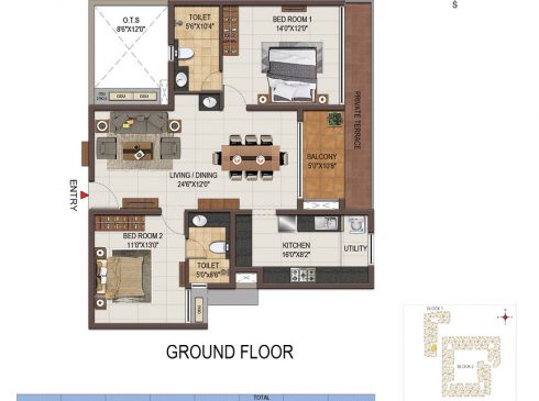 Casagrand Majestica - 2 bhk Unit no. A004 Ground Floor Plan