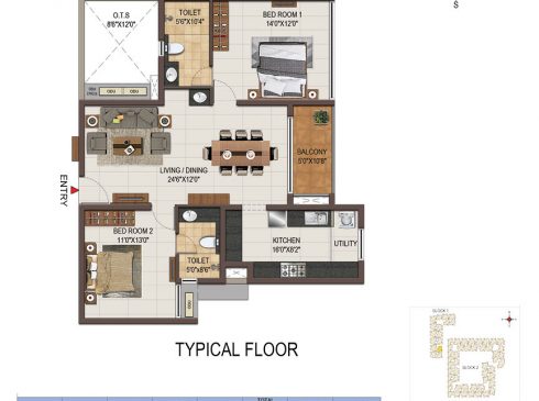 Casagrand Majestica - 2 bhk Unit no. A104, A204-504 Typical Floor Plan