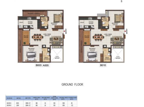 Casagrand Majestica - 2 bhk Unit no. B003, A005, B010 Ground Floor Plan