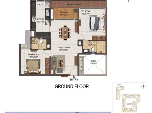 Casagrand Majestica - 2 bhk Unit no. E001 Ground Floor Plan
