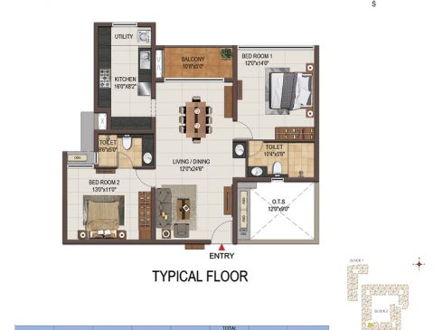 Casagrand Majestica - 2 bhk Unit no. E101-501 Typical Floor Plan